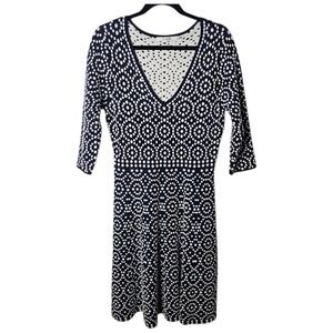 Boden 10 Anabelle Blue White Knit Dress V-Neck Stretch Geometric Polka‎ Dot Boho